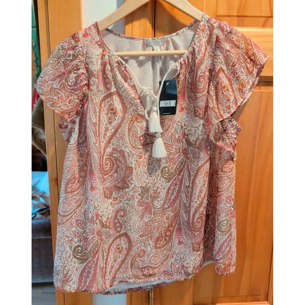Lucky Brand Paisley Tassel Tie Ruffle Sleeve Blouse Pink Women Size S NEW